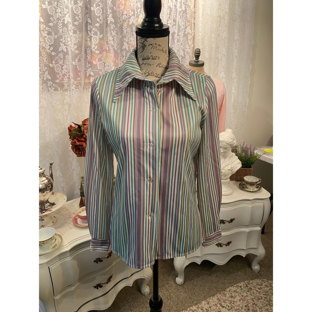 Vintage 70s Striped Disco Collar Button Up Blouse (Size 13/14)
